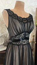 Load image into Gallery viewer, 1950’s Vintage Black and Peach Chiffon Illusion Vanity Fair Peignoir Nightgown 32
