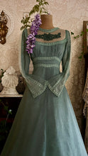 Load image into Gallery viewer, 1970’s vintage dyed moss sage green voile and lace maxi Gunne Sax dress
