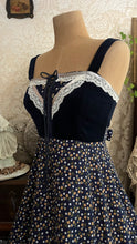 Load image into Gallery viewer, Incredible 1970’s Vintage Navy Blue Calico and velveteen Gunne Sax Maxi Sundress
