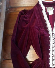 Load image into Gallery viewer, Beautiful 1970’s Vintage Burgundy Wine Velveteen Gunne Sax Midi Dress
