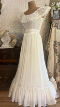 Load image into Gallery viewer, Amazing 1970’s Vintage Ivory Crepe Voile and Lace Gunne Sax Flounced Sundress
