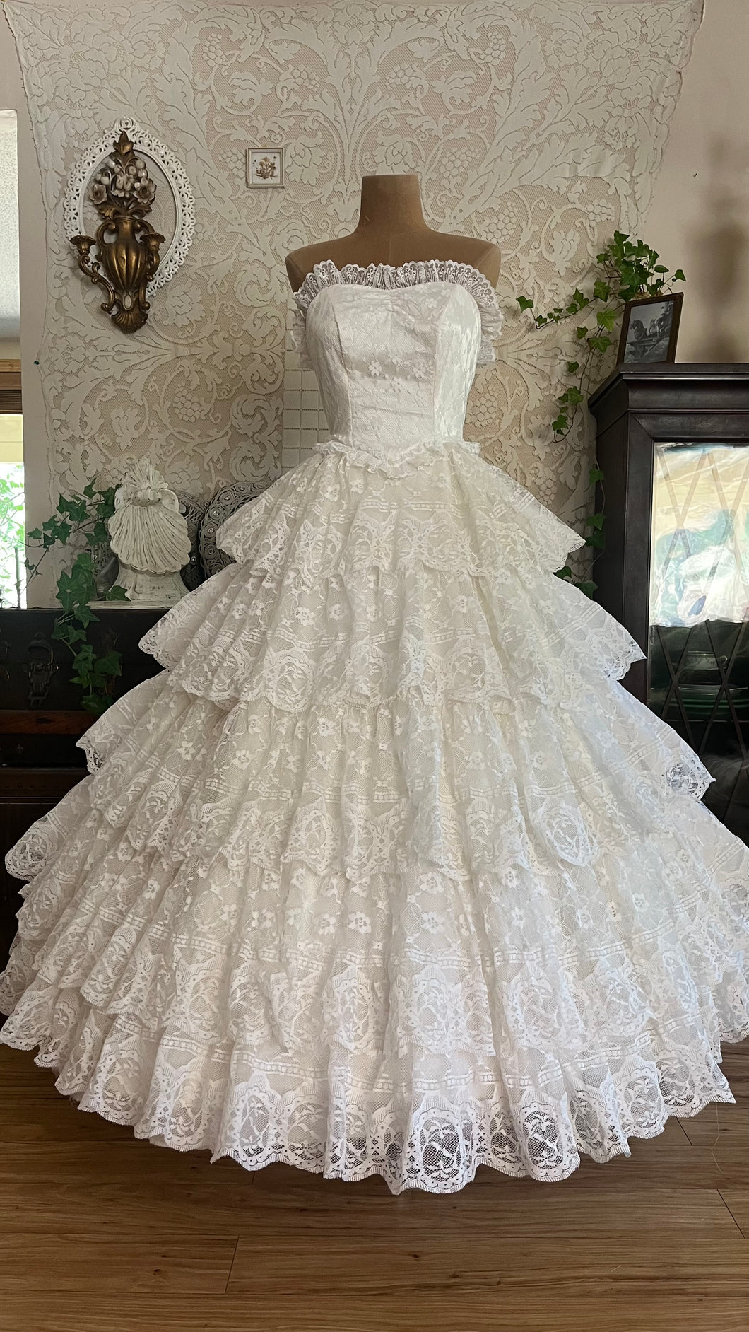 Incredible 1980’s Vintage White Satin and Tiered Lace Strapless Dream Dress