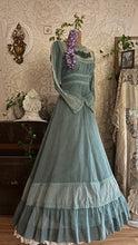 Load image into Gallery viewer, 1970’s vintage dyed moss sage green voile and lace maxi Gunne Sax dress
