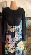 Load image into Gallery viewer, Cozy 1980’s Vintage Black Velveteen and Floral Print Chiffon Dress by Adini
