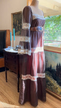 Load image into Gallery viewer, 1970’s Vintage Chocolate Brown and Cinnamon Angel Sleeve Dress by Roberta
