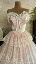Load image into Gallery viewer, Sweetheart 1980’s Vintage Pink Satin and Ruffled White Lace Gown
