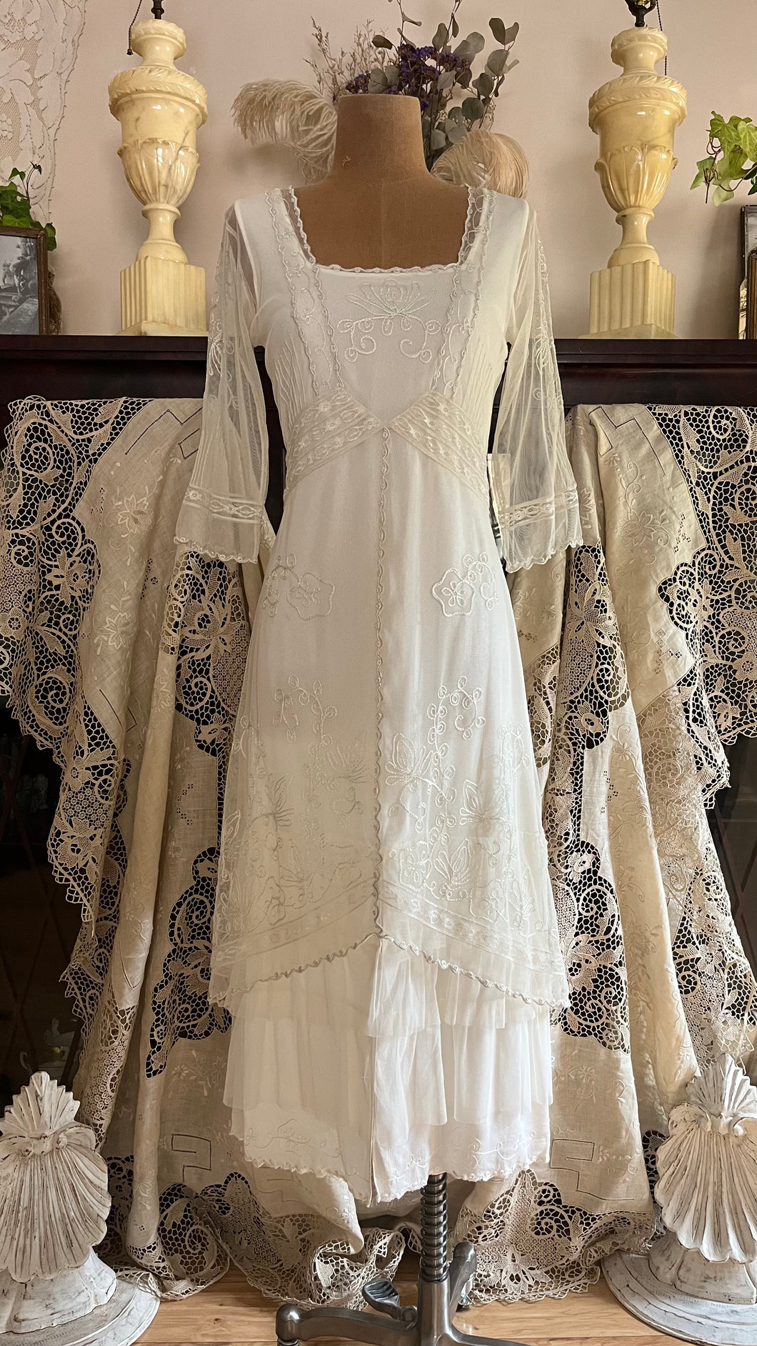 Pretty 2000’s Y2K era Ivory and White Embroidered Net Dress and Slip by Nataya