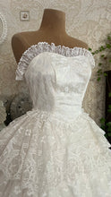 Load image into Gallery viewer, Incredible 1980’s Vintage White Satin and Tiered Lace Strapless Dream Dress

