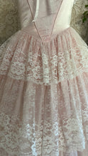 Load image into Gallery viewer, Sweetheart 1980’s Vintage Pink Satin and Ruffled White Lace Gown
