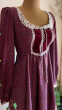 Load image into Gallery viewer, Darling 1970’s Vintage Dark Plum Calico and Velveteen Gunne Sax Midi Dress
