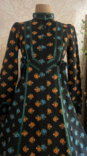 Load image into Gallery viewer, Rare Marigold Print 1970’s vintage black calico Gunne Sax midi dress
