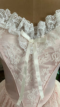 Load image into Gallery viewer, Sweetheart 1980’s Vintage Pink Satin and Ruffled White Lace Gown
