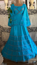 Load image into Gallery viewer, Beautiful 1970's vintage Bright Turquoise Blue Cotton and lace Mexican dress
