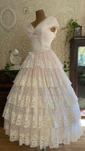 Load image into Gallery viewer, Perfect Fairytale 1980’s Vintage Pink Satin and Ivory Lace Off Shoulder Gown
