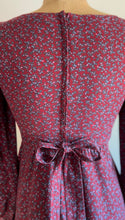 Load image into Gallery viewer, Darling 1970’s Vintage Dark Plum Calico and Velveteen Gunne Sax Midi Dress
