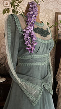 Load image into Gallery viewer, 1970’s vintage dyed moss sage green voile and lace maxi Gunne Sax dress
