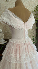 Load image into Gallery viewer, Perfect Fairytale 1980’s Vintage Pink Satin and Ivory Lace Off Shoulder Gown
