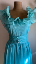 Load image into Gallery viewer, 1970’s Vintage Cold Shoulder Ice Blue Ruffle Dress and Belt
