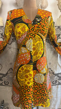 Load image into Gallery viewer, Psychedelic 1960’s Vintage Floral Patchwork Print Barkcloth Mini Dress Paradise Hawaii of Honolulu
