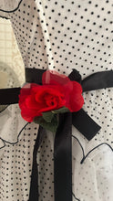 Load image into Gallery viewer, Outrageous 1970’s Vintage Black and White Swiss Dot Chiffon One Shoulder Illustrated Dress
