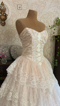 Load image into Gallery viewer, Dream 1980’s Deadstock Vintage Pink Lace and Sequin Strapless Gown with armlets
