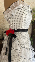 Load image into Gallery viewer, Outrageous 1970’s Vintage Black and White Swiss Dot Chiffon One Shoulder Illustrated Dress
