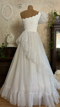 Load image into Gallery viewer, 1950’s Vintage One Shoulder Ruffled White Chiffon Gown by Mike Benet Formals
