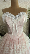 Load image into Gallery viewer, Sweetheart 1980’s Vintage Pink Satin and Ruffled White Lace Gown
