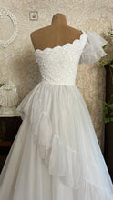Load image into Gallery viewer, 1950’s Vintage One Shoulder Ruffled White Chiffon Gown by Mike Benet Formals
