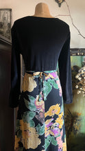Load image into Gallery viewer, Cozy 1980’s Vintage Black Velveteen and Floral Print Chiffon Dress by Adini
