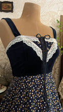 Load image into Gallery viewer, Incredible 1970’s Vintage Navy Blue Calico and velveteen Gunne Sax Maxi Sundress
