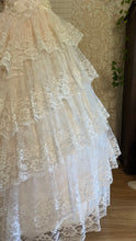 Load image into Gallery viewer, Dream 1980’s Deadstock Vintage Pink Lace and Sequin Strapless Gown with armlets
