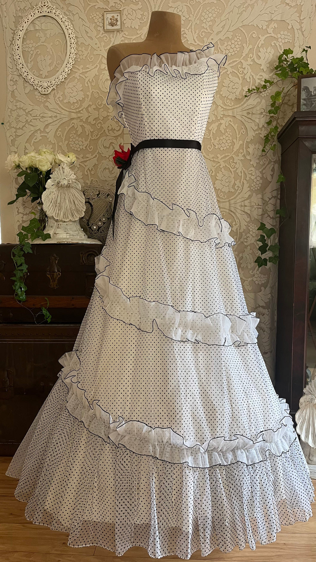 Outrageous 1970’s Vintage Black and White Swiss Dot Chiffon One Shoulder Illustrated Dress