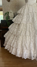 Load image into Gallery viewer, Incredible 1980’s Vintage White Satin and Tiered Lace Strapless Dream Dress
