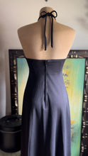 Load image into Gallery viewer, Slinky 1970’s Vintage Black Crochet Collar Halter Maxi Dress
