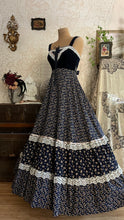 Load image into Gallery viewer, Incredible 1970’s Vintage Navy Blue Calico and velveteen Gunne Sax Maxi Sundress

