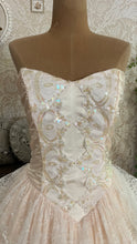Load image into Gallery viewer, Dream 1980’s Deadstock Vintage Pink Lace and Sequin Strapless Gown with armlets
