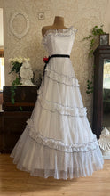 Load image into Gallery viewer, Outrageous 1970’s Vintage Black and White Swiss Dot Chiffon One Shoulder Illustrated Dress
