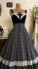 Load image into Gallery viewer, Incredible 1970’s Vintage Navy Blue Calico and velveteen Gunne Sax Maxi Sundress
