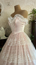 Load image into Gallery viewer, Sweetheart 1980’s Vintage Pink Satin and Ruffled White Lace Gown
