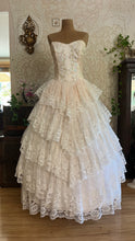 Load image into Gallery viewer, Dream 1980’s Deadstock Vintage Pink Lace and Sequin Strapless Gown with armlets
