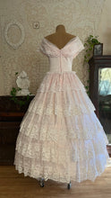 Load image into Gallery viewer, Perfect Fairytale 1980’s Vintage Pink Satin and Ivory Lace Off Shoulder Gown
