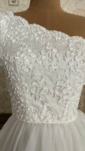 Load image into Gallery viewer, 1950’s Vintage One Shoulder Ruffled White Chiffon Gown by Mike Benet Formals
