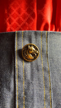 Load image into Gallery viewer, Handmade Vintage Gold Horse Button Down Denim Prairie Skirt

