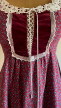 Load image into Gallery viewer, Darling 1970’s Vintage Dark Plum Calico and Velveteen Gunne Sax Midi Dress
