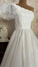 Load image into Gallery viewer, 1950’s Vintage One Shoulder Ruffled White Chiffon Gown by Mike Benet Formals
