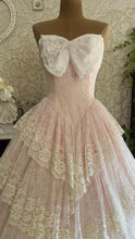 Load image into Gallery viewer, Divine 1980’s Vintage Pink Satin and Ivory Lace Gown with Huge Bow
