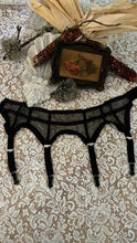 Load image into Gallery viewer, Unusual Pinup 1950’s vintage Black Mesh and Ribbon Garter Belt by Simone
