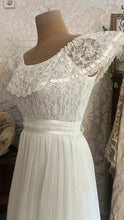 Load image into Gallery viewer, Amazing 1970’s Vintage Ivory Crepe Voile and Lace Gunne Sax Flounced Sundress
