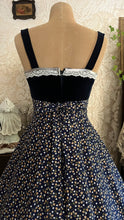 Load image into Gallery viewer, Incredible 1970’s Vintage Navy Blue Calico and velveteen Gunne Sax Maxi Sundress
